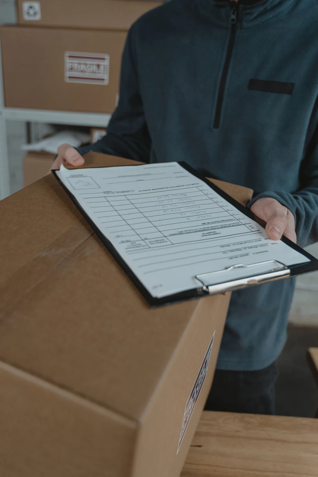 Worker holding a shipping checklist against a packed cardboard carton